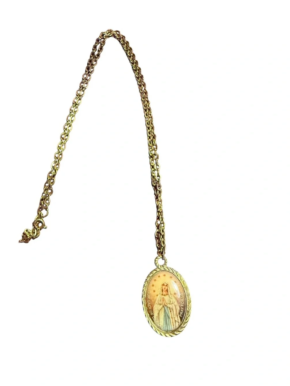 Gold Tone Cable Chain Necklace Oval Our Lady of Lourdes Medal Pendant (l24)